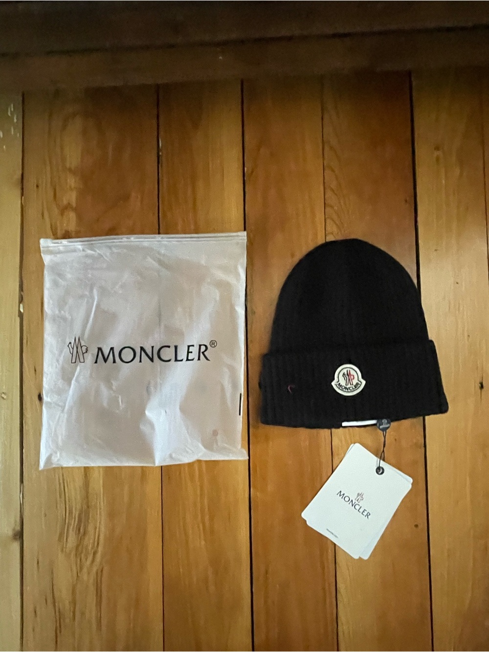 Moncler Black Fold-Over Logo Beanie